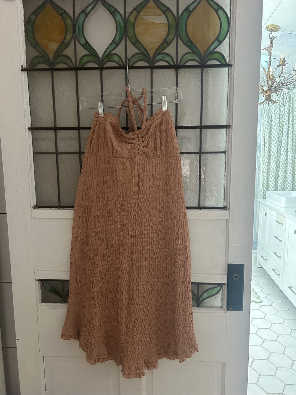 Free People Beach Textured Mauve-Tan halter Midi Dress with Adjustable Straps